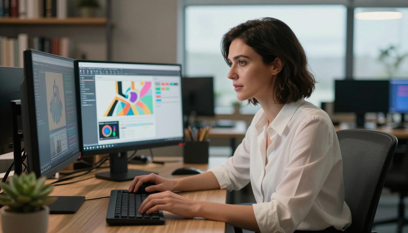 Woman at a modern creative workspace with multiple screens