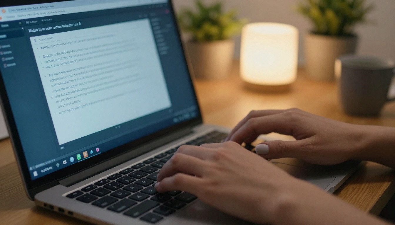 Hands typing on laptop keyboard with AI image generation interface on screen, warm desk lamp glow