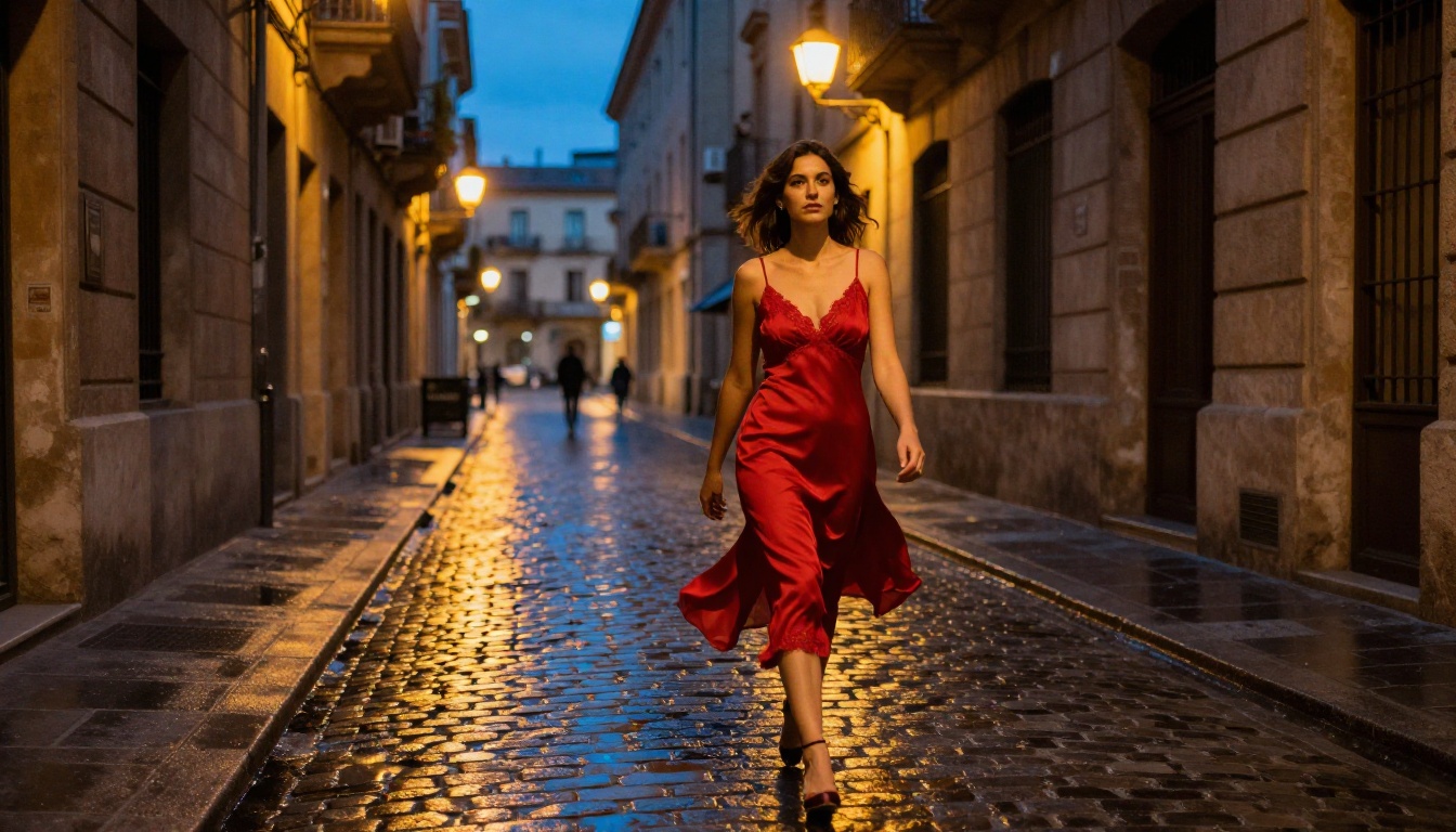 Confident woman in red slip dress, Barcelona cobblestone alley at dusk, cinematic Cinestill 800T film aesthetic