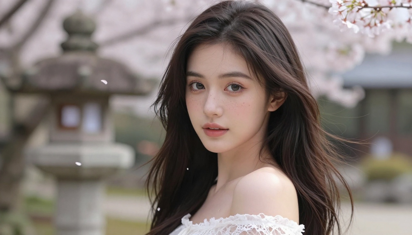 Beautiful anime-inspired woman in a traditional Japanese garden setting, cherry blossoms falling around her