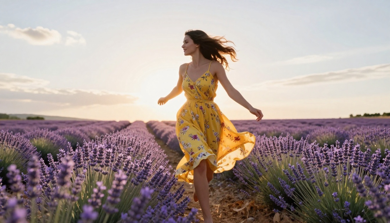 Beautiful woman in yellow floral dress running through sunlit lavender field, golden backlight, motion blur