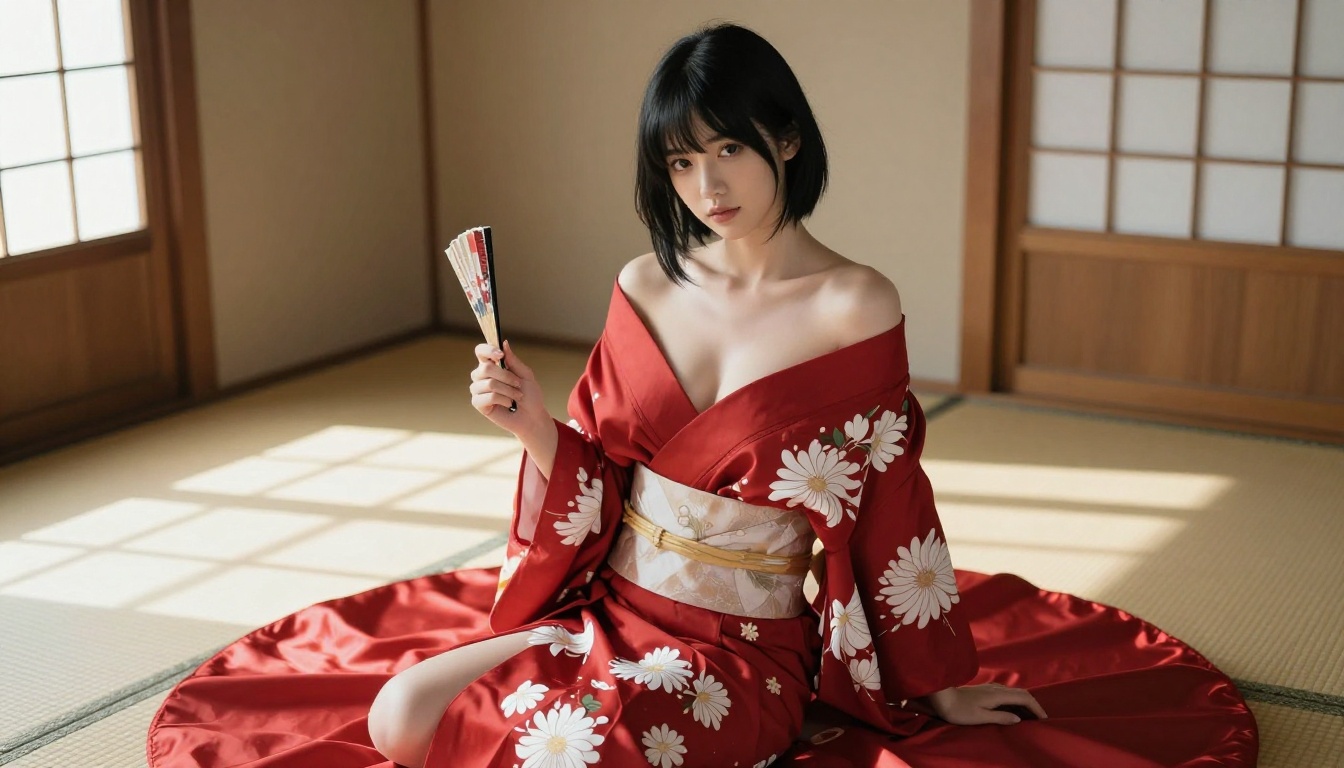 Graceful woman in a traditional crimson yukata seated on a tatami in a minimalist Japanese interior