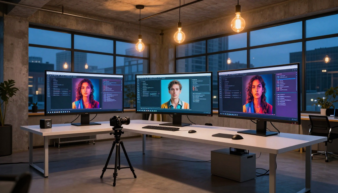 Modern AI tech studio with multiple monitors displaying generation interfaces