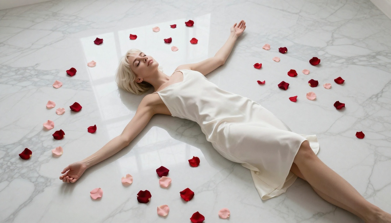 Aerial shot of a woman in an ivory silk slip dress lying surrounded by scattered rose petals on white marble