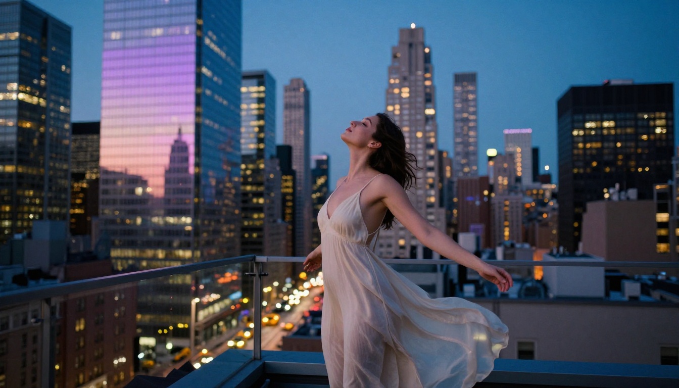 Woman on NYC rooftop at blue hour, low-angle shot looking up against city skyline, cinematic slip dress