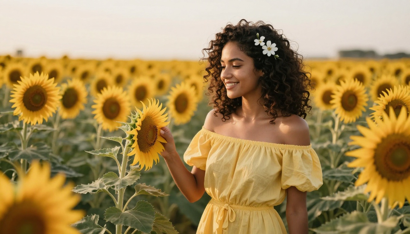 Woman with dark curly hair adorned with white flowers in a yellow off-shoulder dress among golden sunflowers