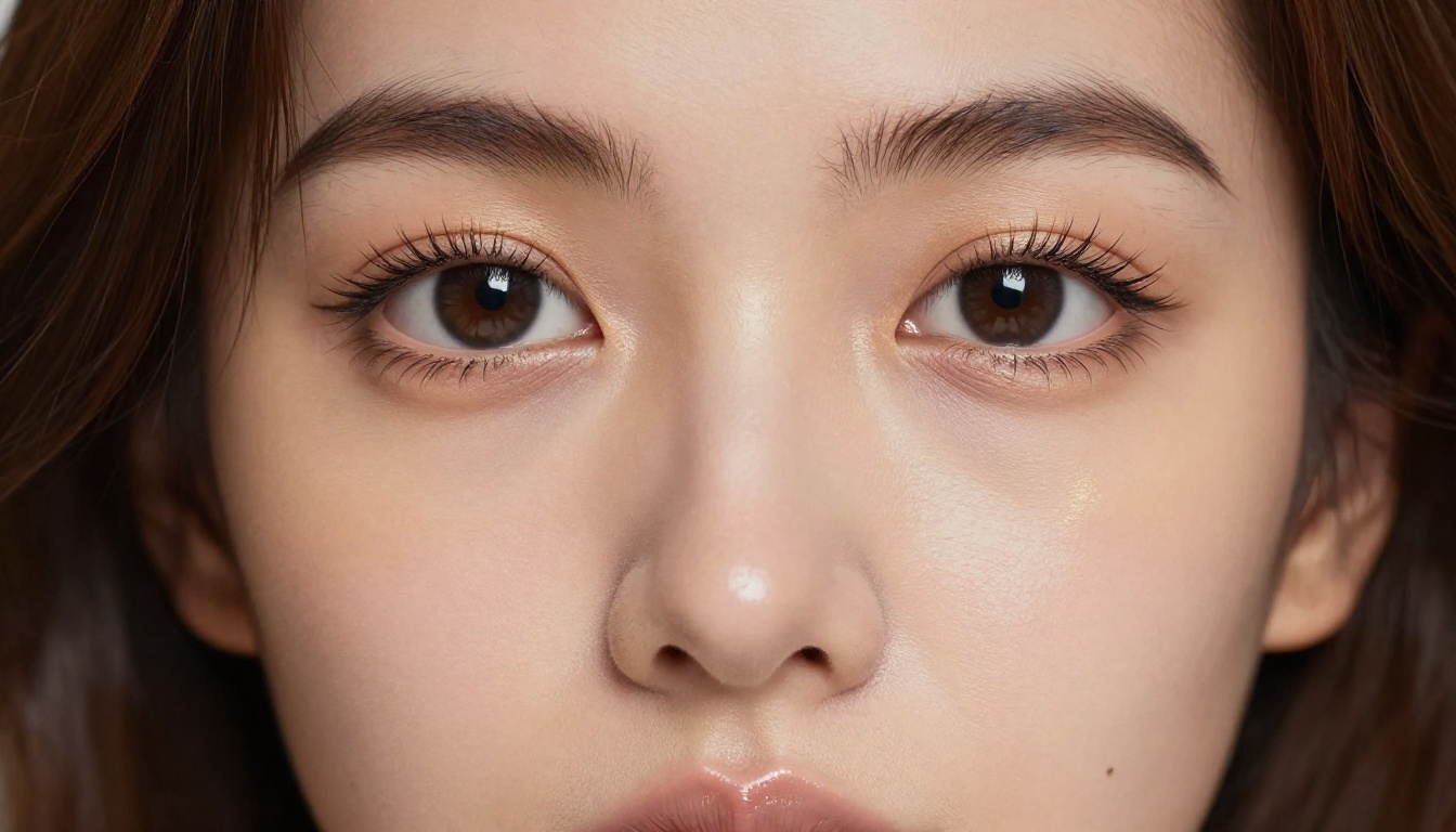 Extreme close-up beauty portrait showing luminous skin texture, large dark eyes with perfect catchlights