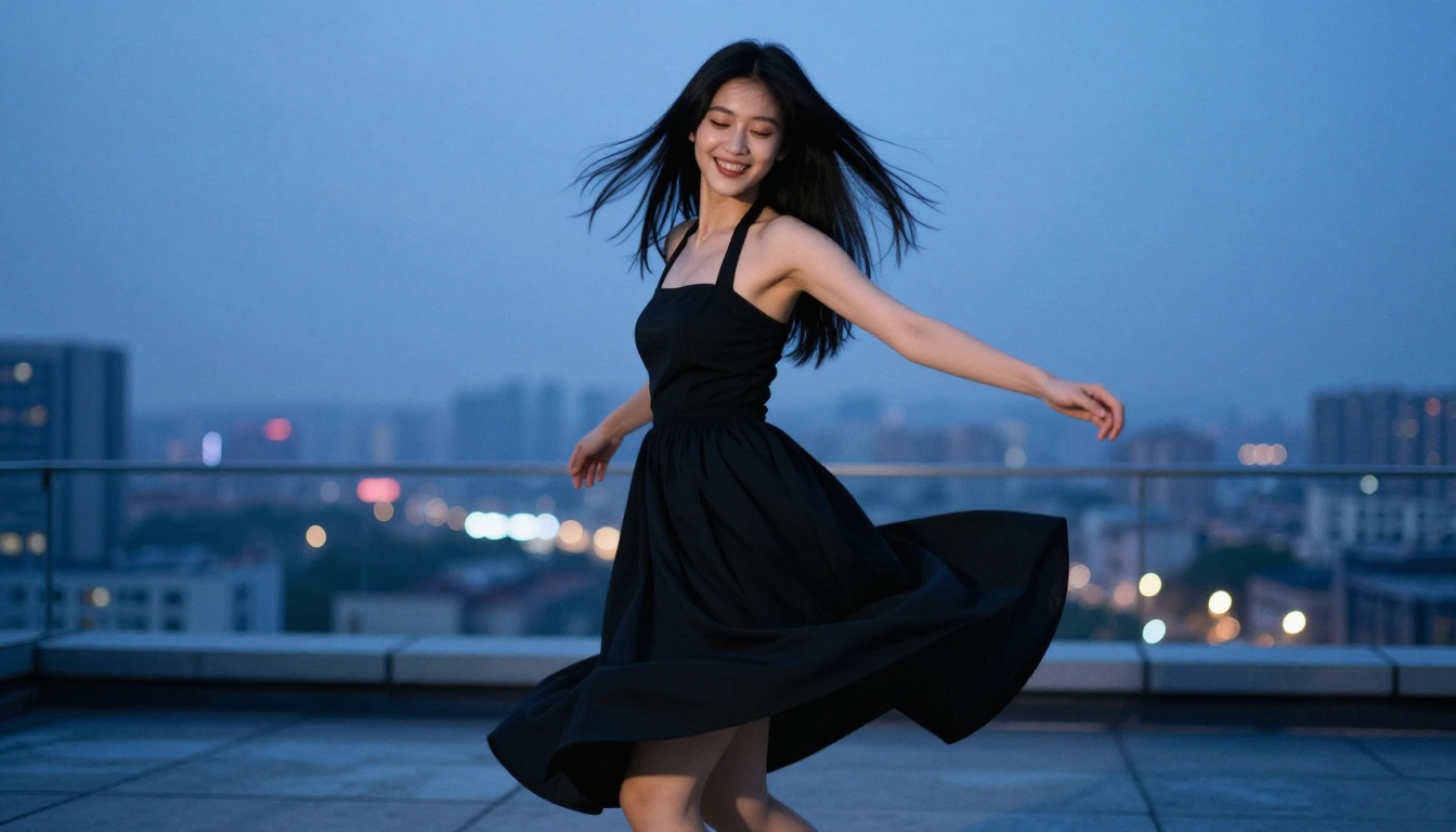 Woman in a black halter dress frozen mid-spin on a rooftop at blue hour, city lights bokeh behind her