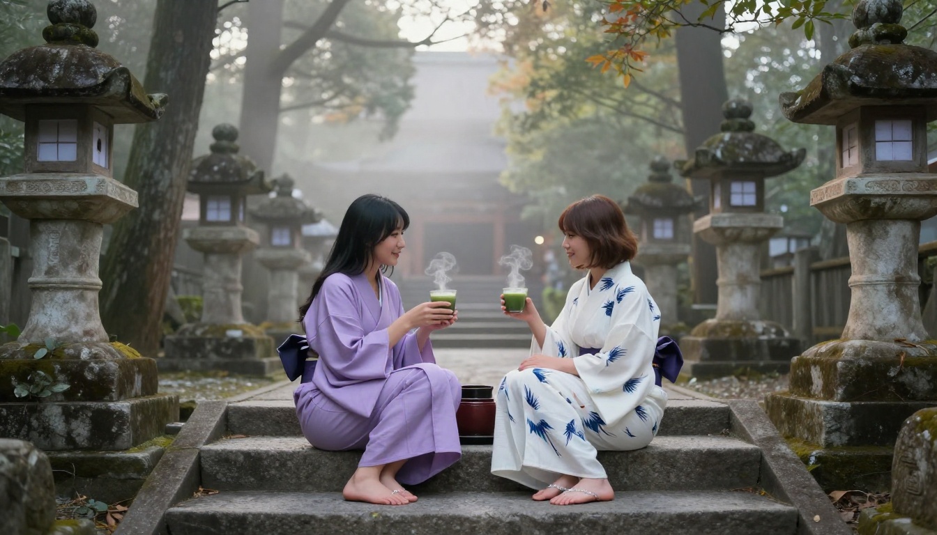 Two women in kimonos sharing matcha tea on ancient temple steps at dawn, cedar forest mist rising around them