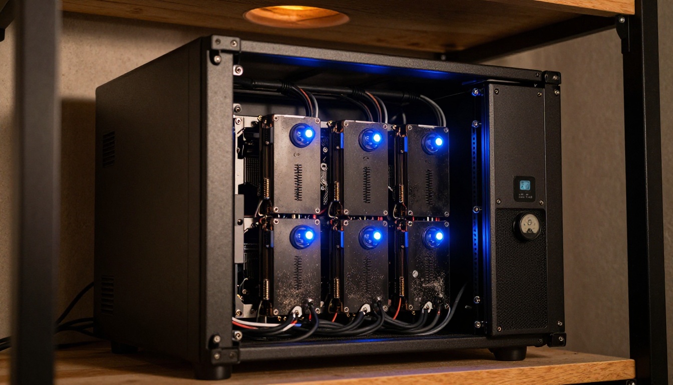 Professional home server rack in dimly lit private basement with GPU cards, warm overhead light, industrial concrete walls