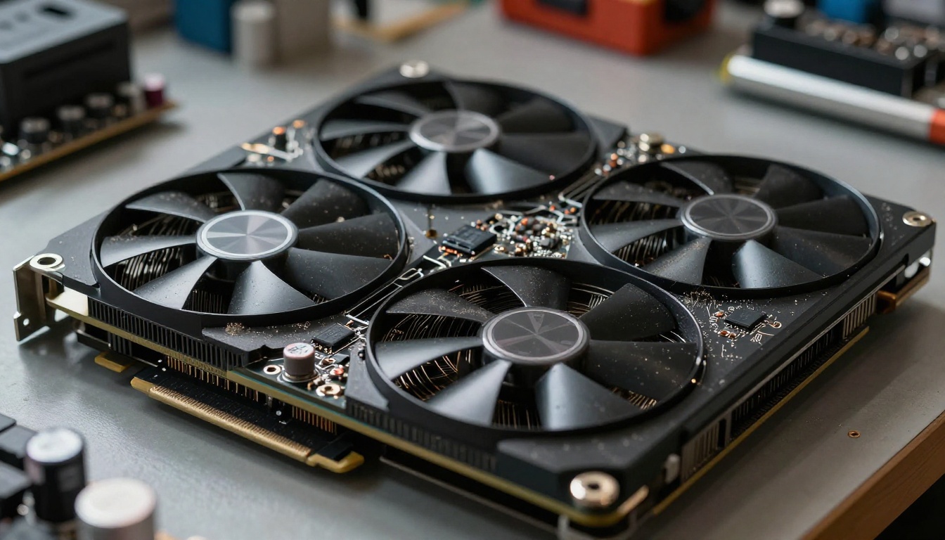 Extreme close-up of RTX-style GPU graphics card showing PCB detail, heatsink fins, and metal textures under workshop fluorescent light