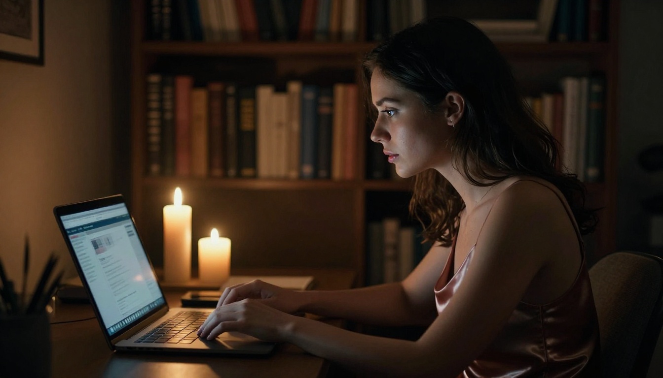 Woman in satin slip dress working at laptop in candlelit private apartment at night, 85mm portrait, Kodak Portra film grain