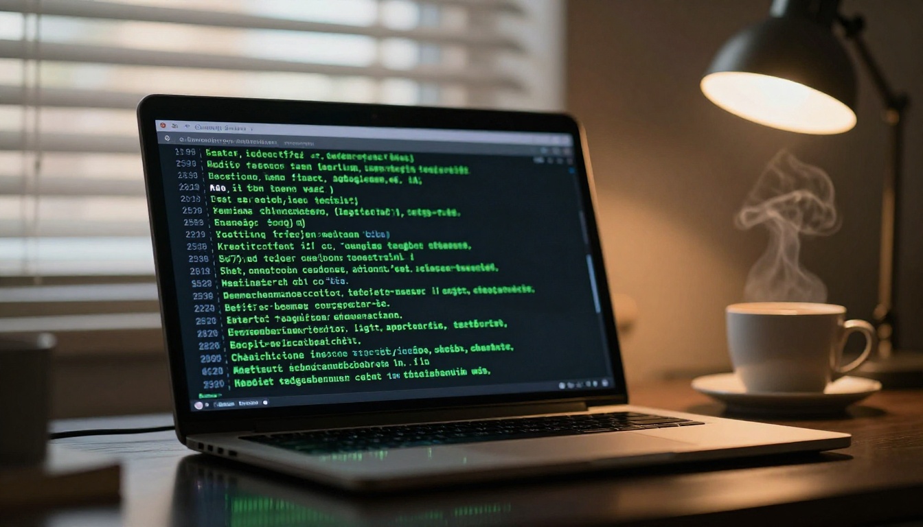 Terminal screen showing AI image generation logs in green monospace text, warm amber desk lamp bokeh in background, moody atmosphere