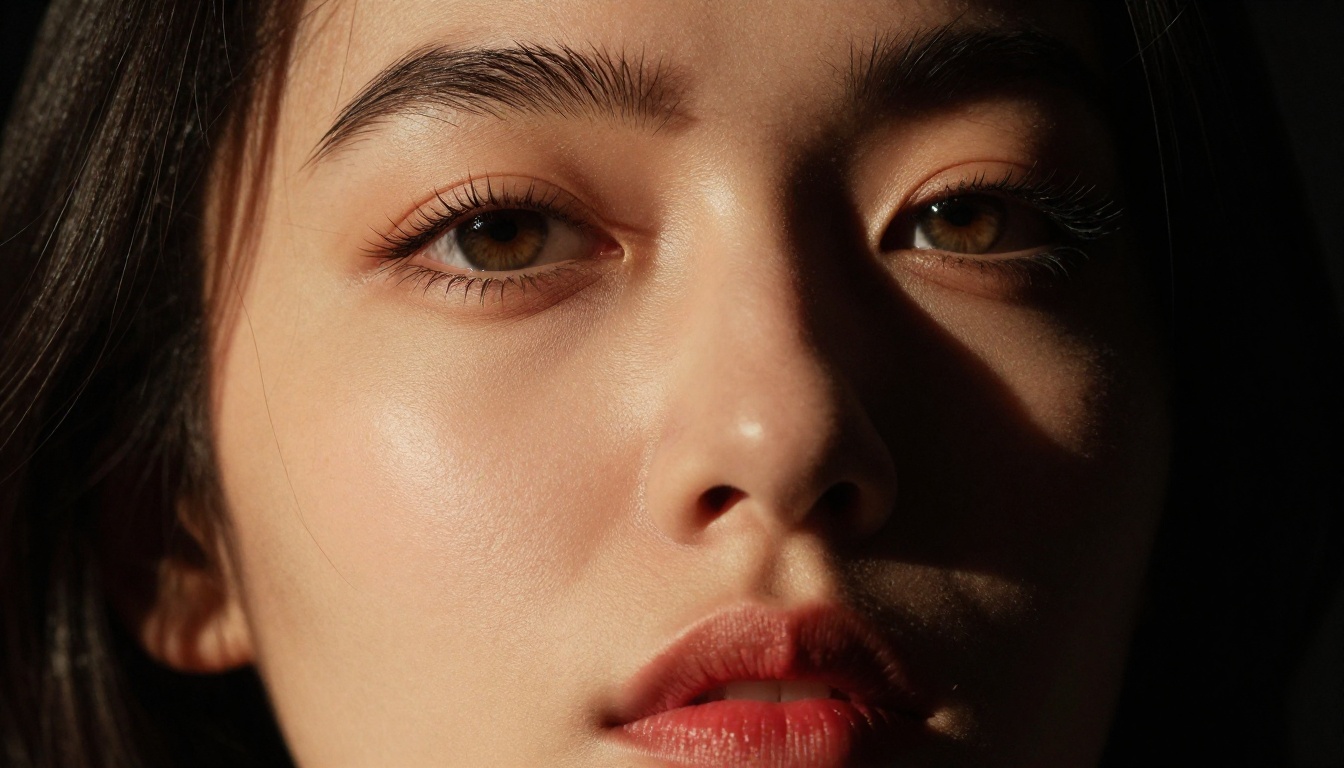 Dramatic chiaroscuro close-up portrait of a woman, red lips, half face in deep shadow, Rembrandt lighting, editorial beauty