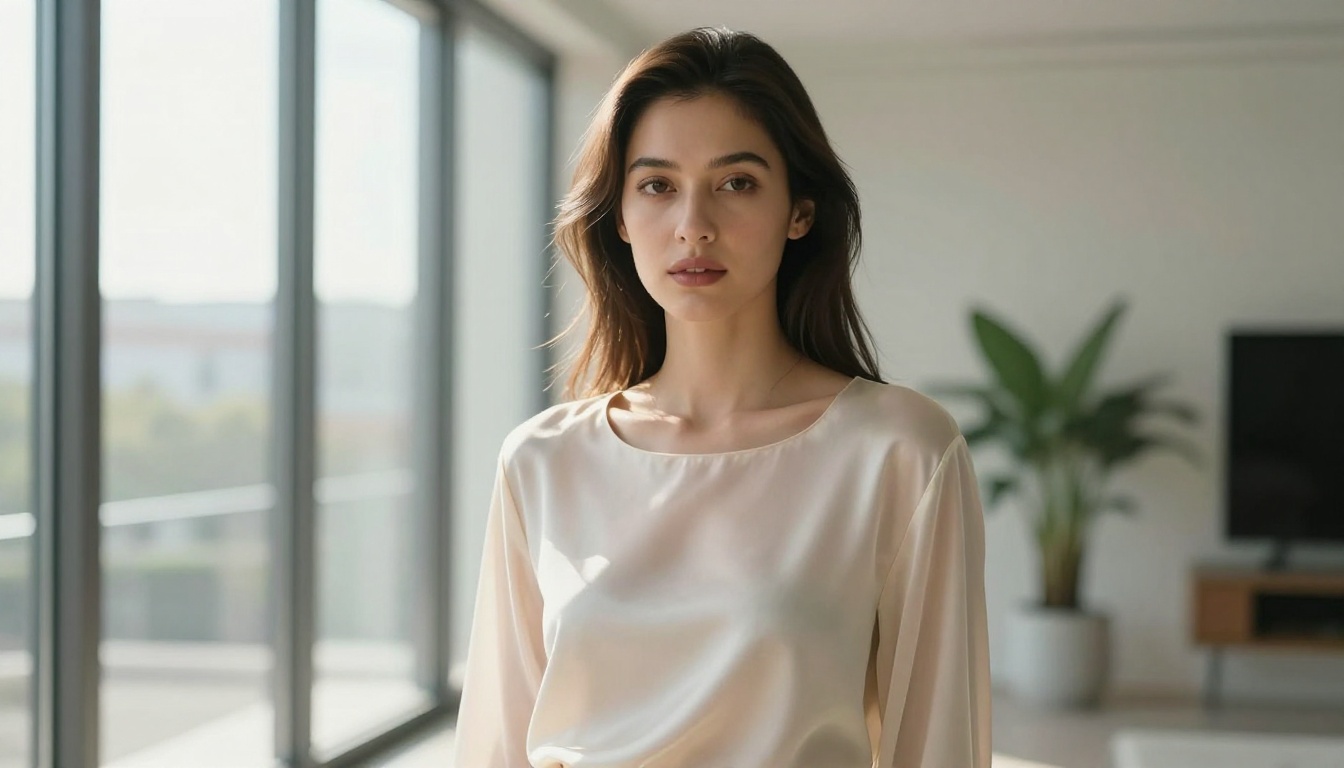 Glamour portrait of a woman in ivory silk blouse by floor-to-ceiling window, diffused morning light, Hasselblad quality, Portra 400 grain