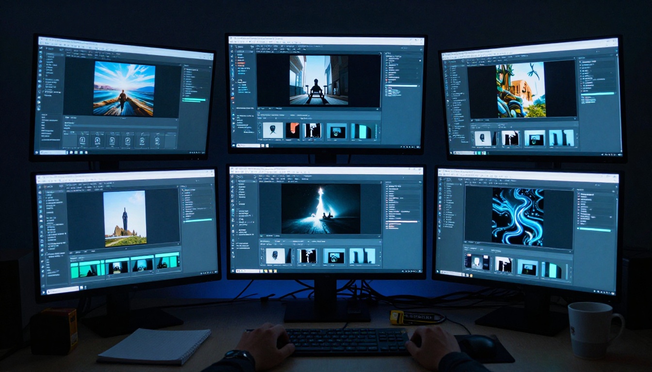 Multi-monitor dark home office setup showing AI generation software with thumbnail images on screen, blue and white light casting shadows