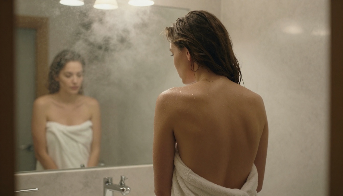 Woman's bare back in steamy bathroom, warm tungsten pendant light overhead, intimate editorial photography