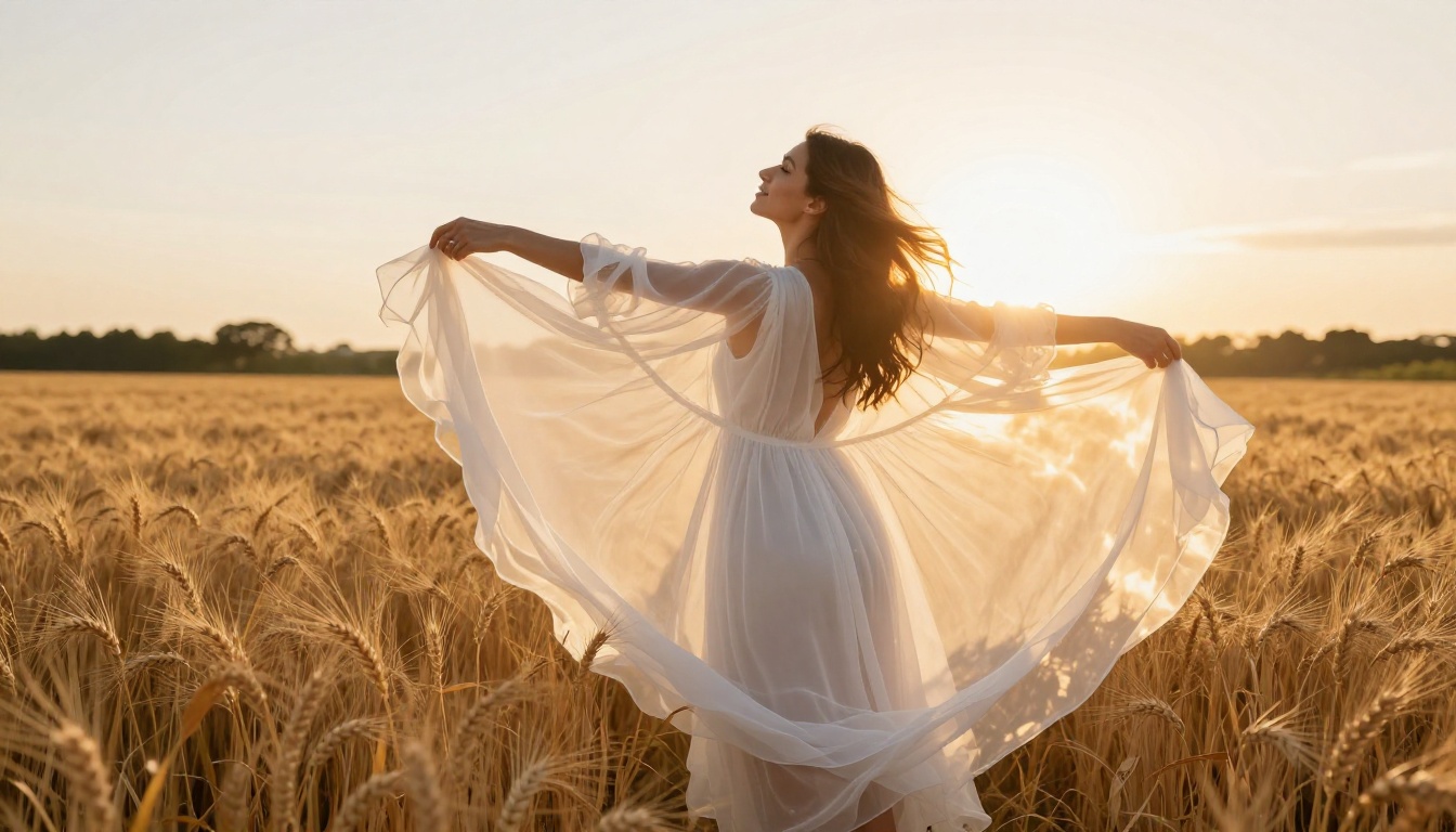Woman in sheer white chiffon dress in golden wheat field, backlit by setting sun, arms outstretched, lifestyle photography