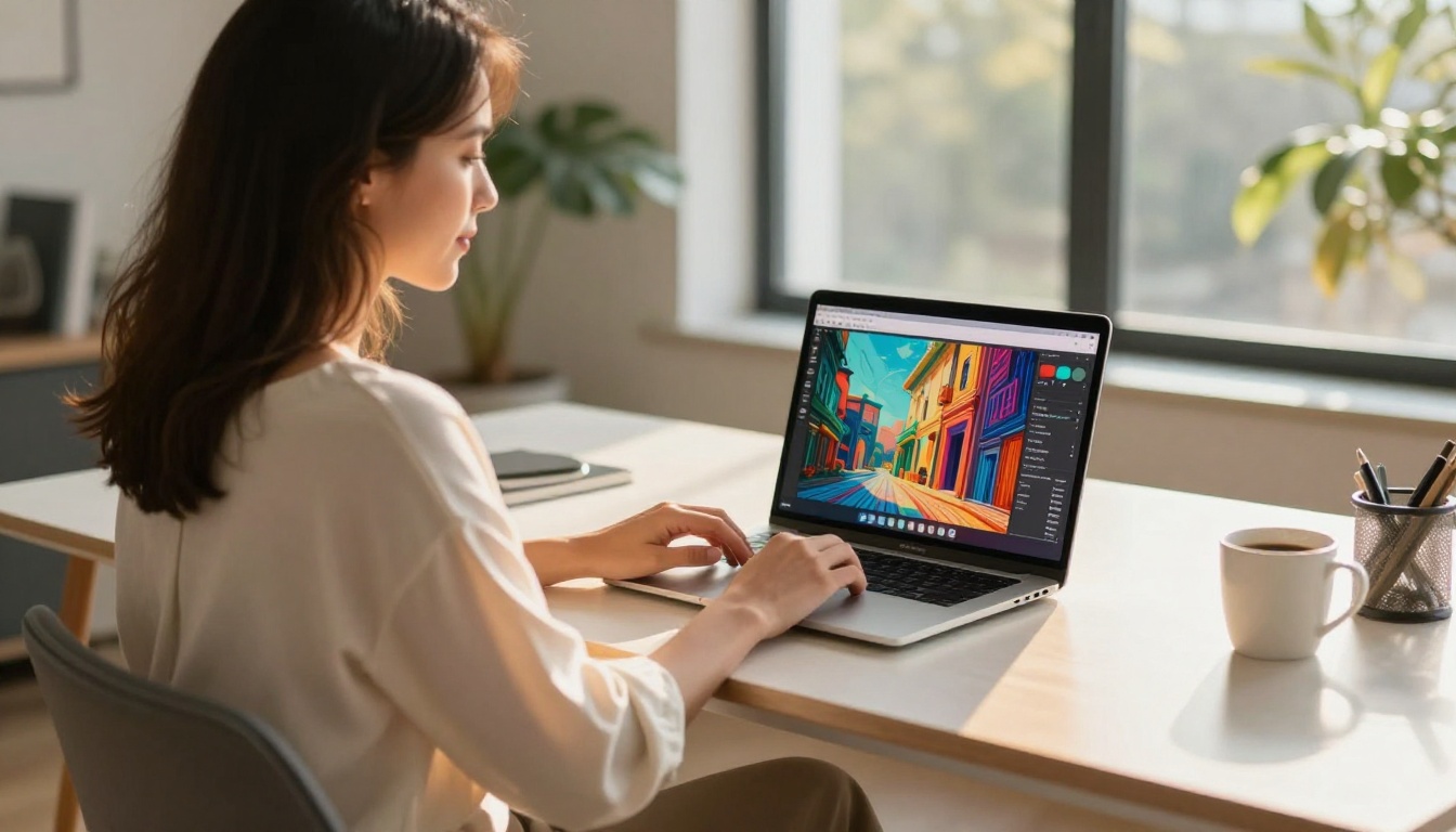 Woman at desk exploring AI-generated artwork on a laptop in natural light