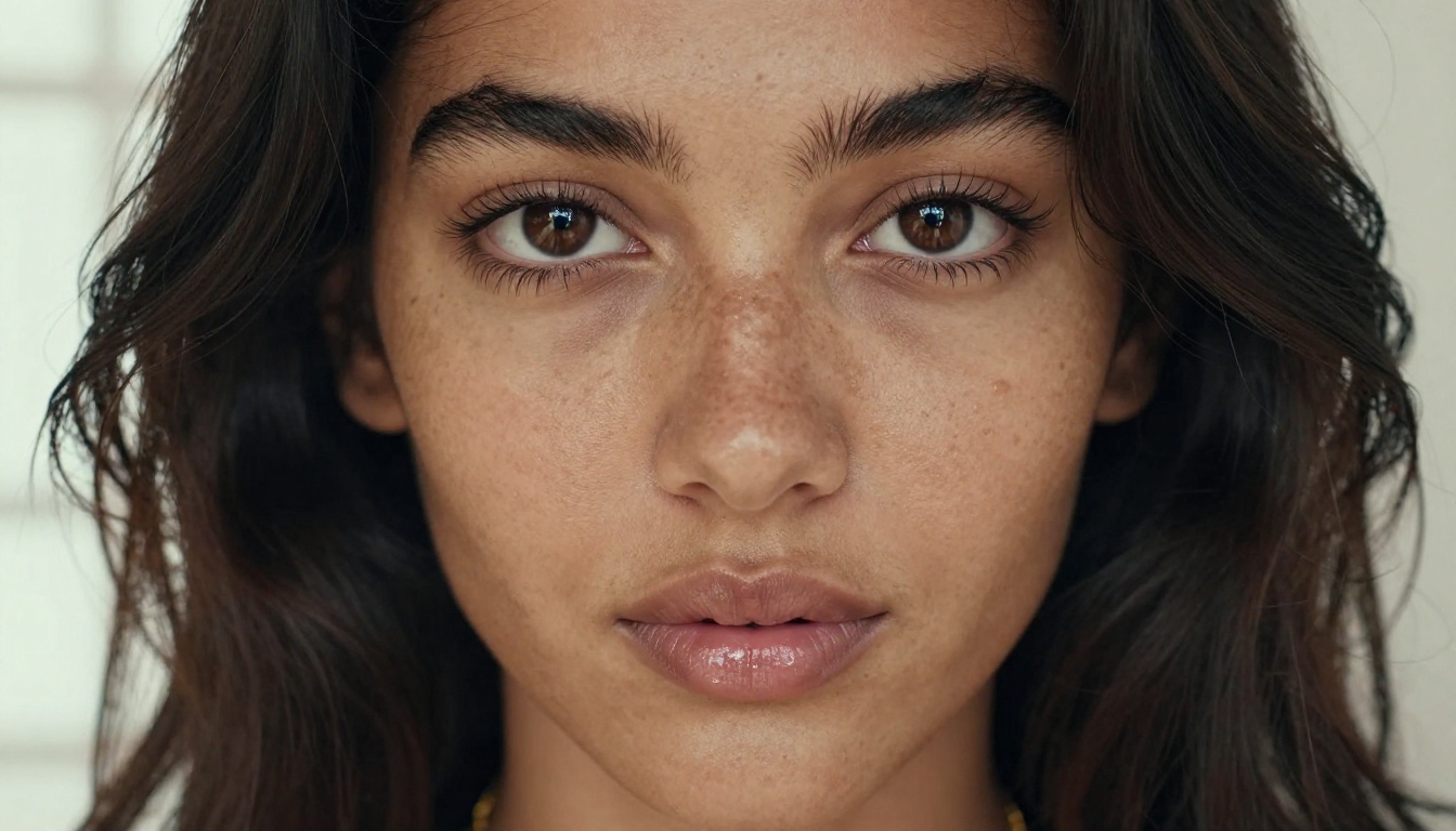 Close-up portrait with natural bronze skin, freckles, authentic beauty no makeup