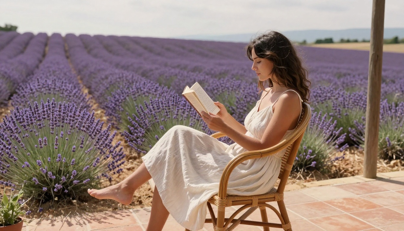 Woman relaxing on balcony overlooking lavender fields in a linen summer dress