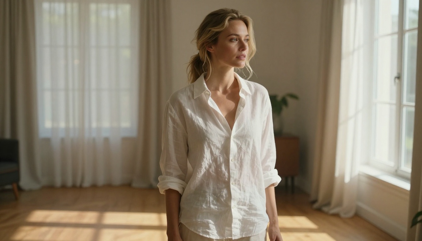 Beautiful woman in natural morning light near sunlit apartment window