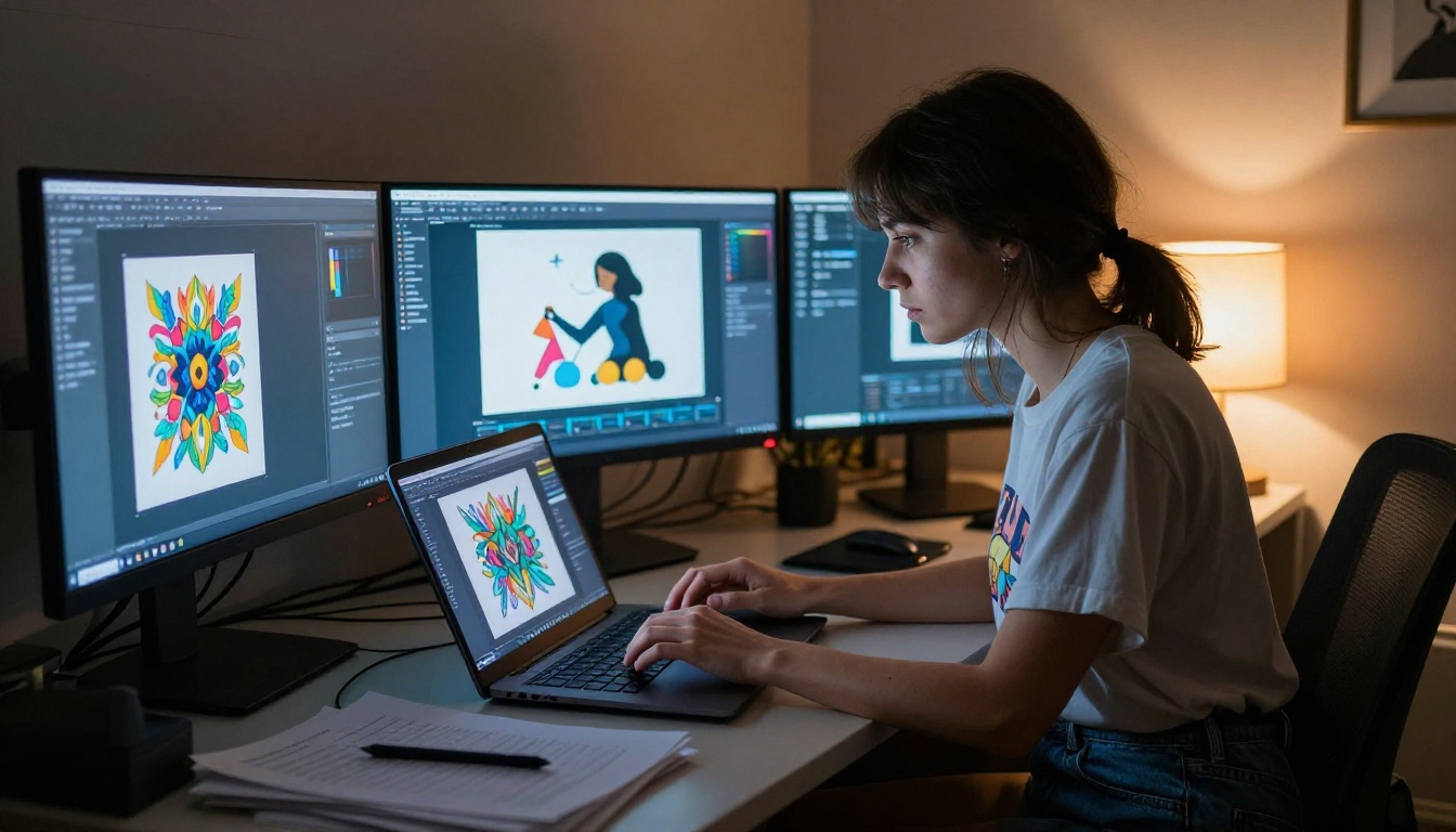 Woman at creative workspace with multiple monitors showing colorful digital artwork Woman at creative workspace with multiple monitors showing colorful digital artwork