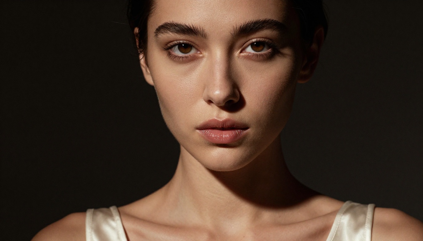 Close-up portrait with dramatic chiaroscuro lighting and ivory satin camisole