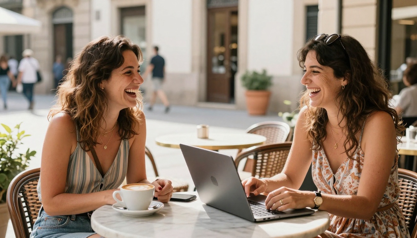 Two women laughing over laptop at a sun-drenched Barcelona cafe terrace Two women laughing over laptop at a sun-drenched Barcelona cafe terrace