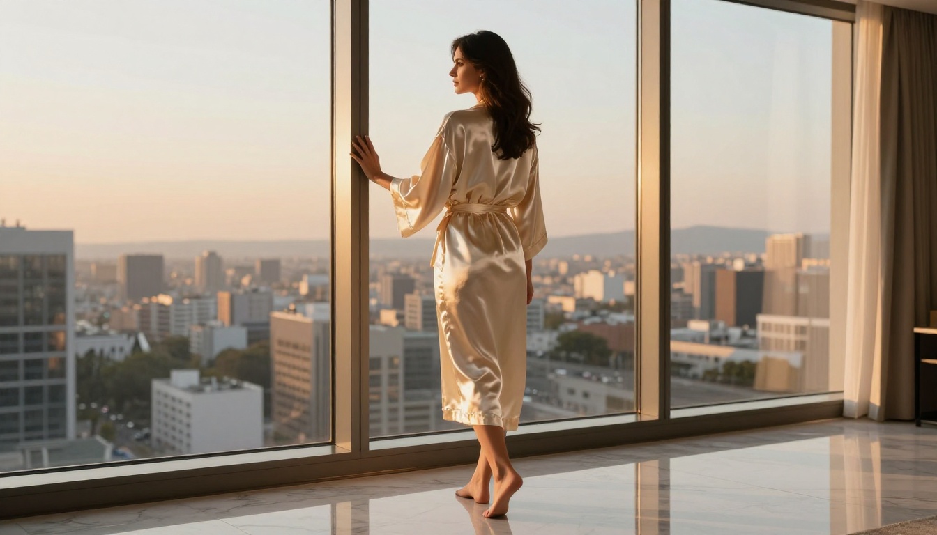Woman in cream silk robe at penthouse window overlooking golden hour cityscape
