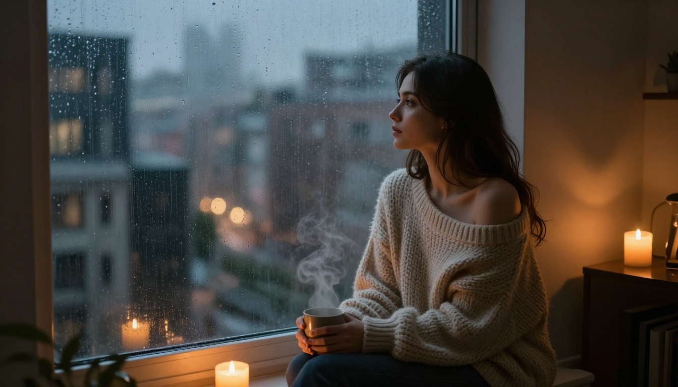 Woman gazing out rain-streaked window in cozy knit sweater, candlelit apartment Woman gazing out rain-streaked window in cozy knit sweater, candlelit apartment