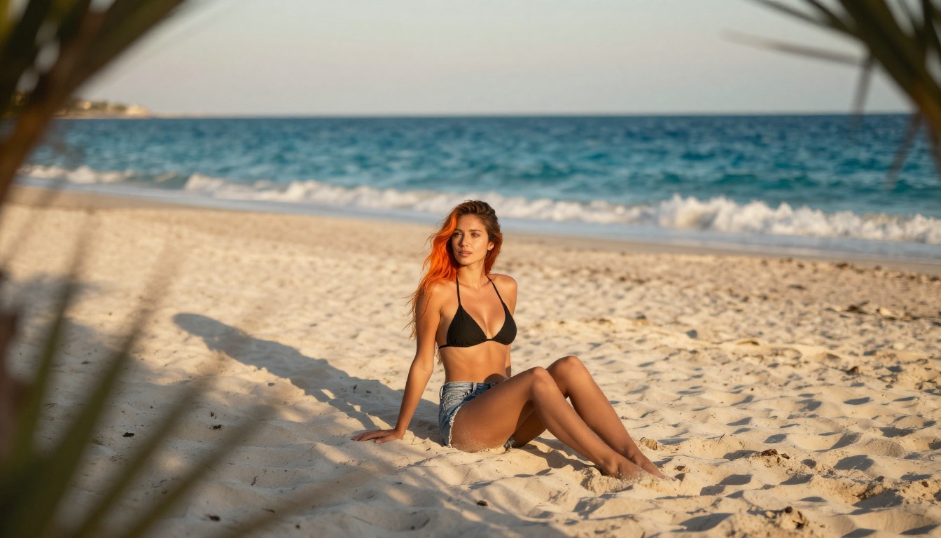 Woman in black bikini on white sand beach at golden hour with Mediterranean sea behind her