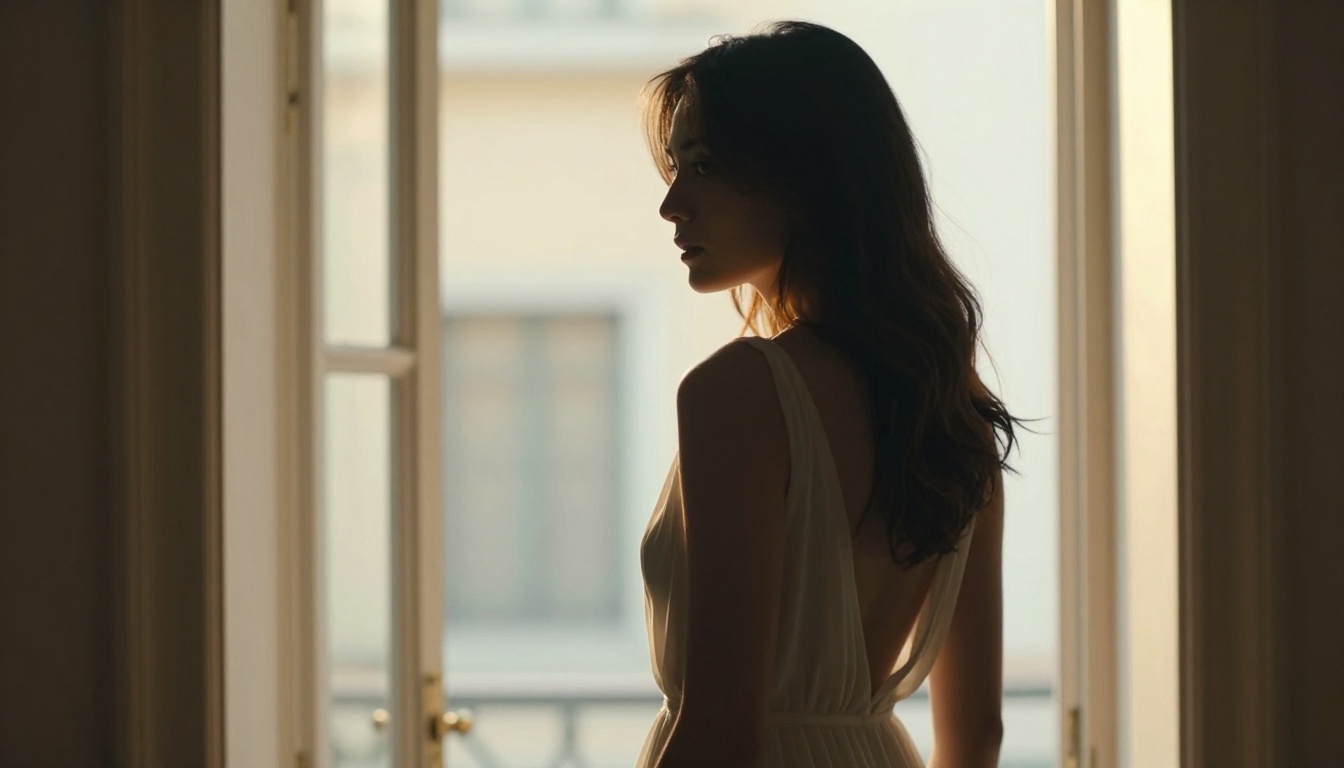 Woman in white sundress standing in doorway with golden backlight creating luminous silhouette