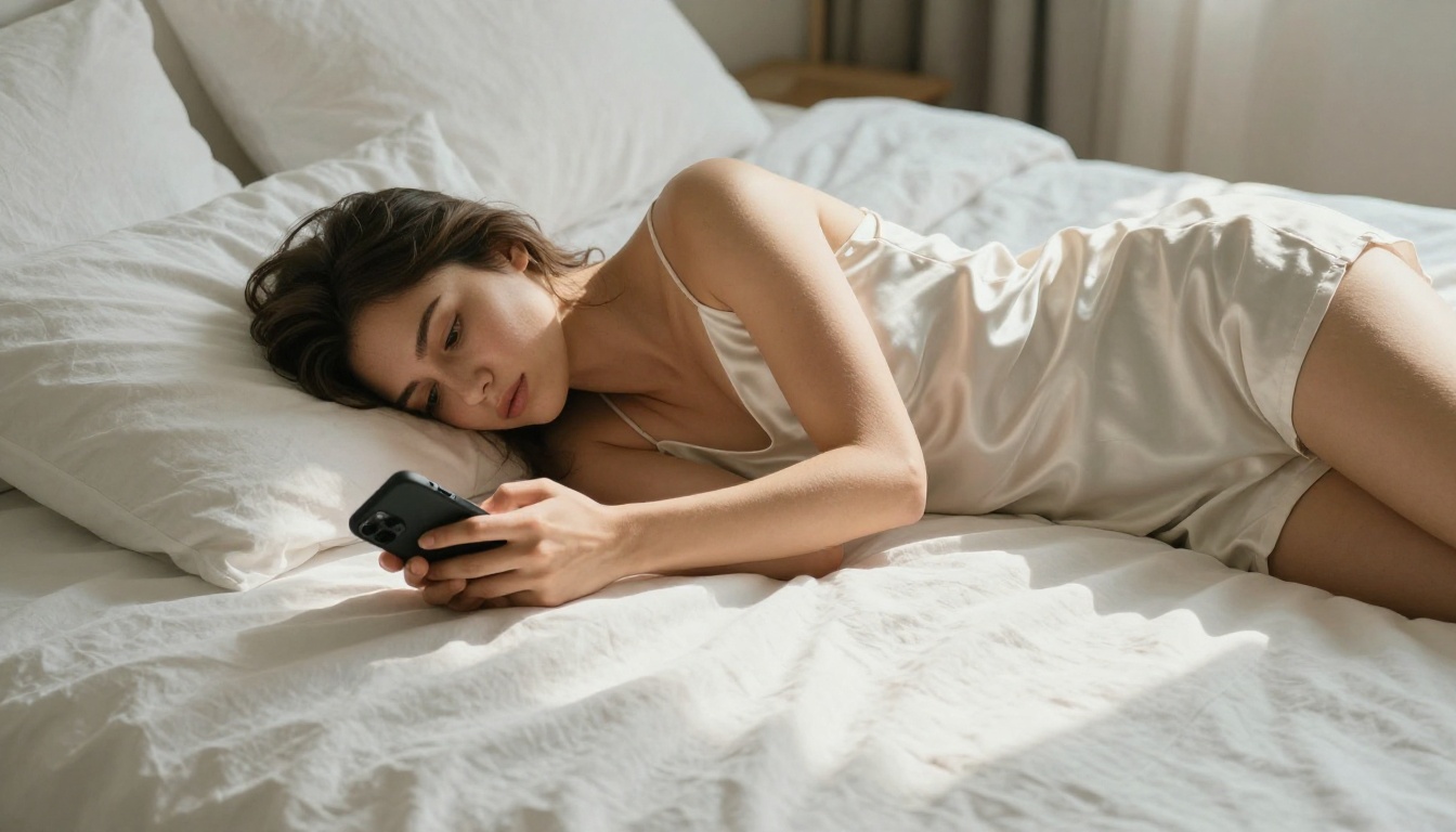 Woman relaxing on bed scrolling through AI art on smartphone