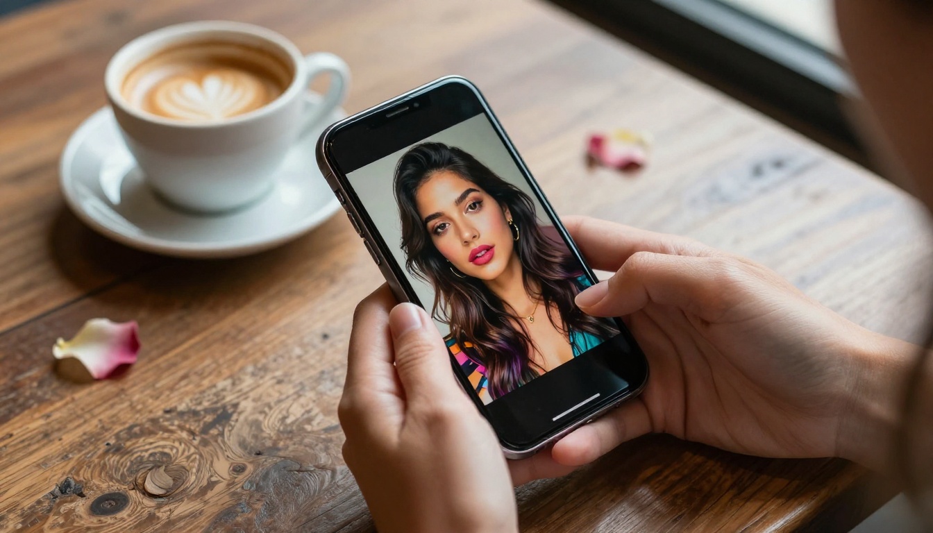 Close-up of female hands holding smartphone showing AI portrait at a café table