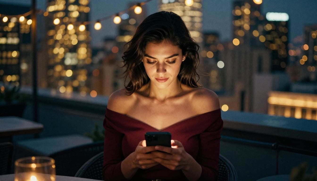 Woman in burgundy off-shoulder top at rooftop bar at dusk, city lights bokeh background