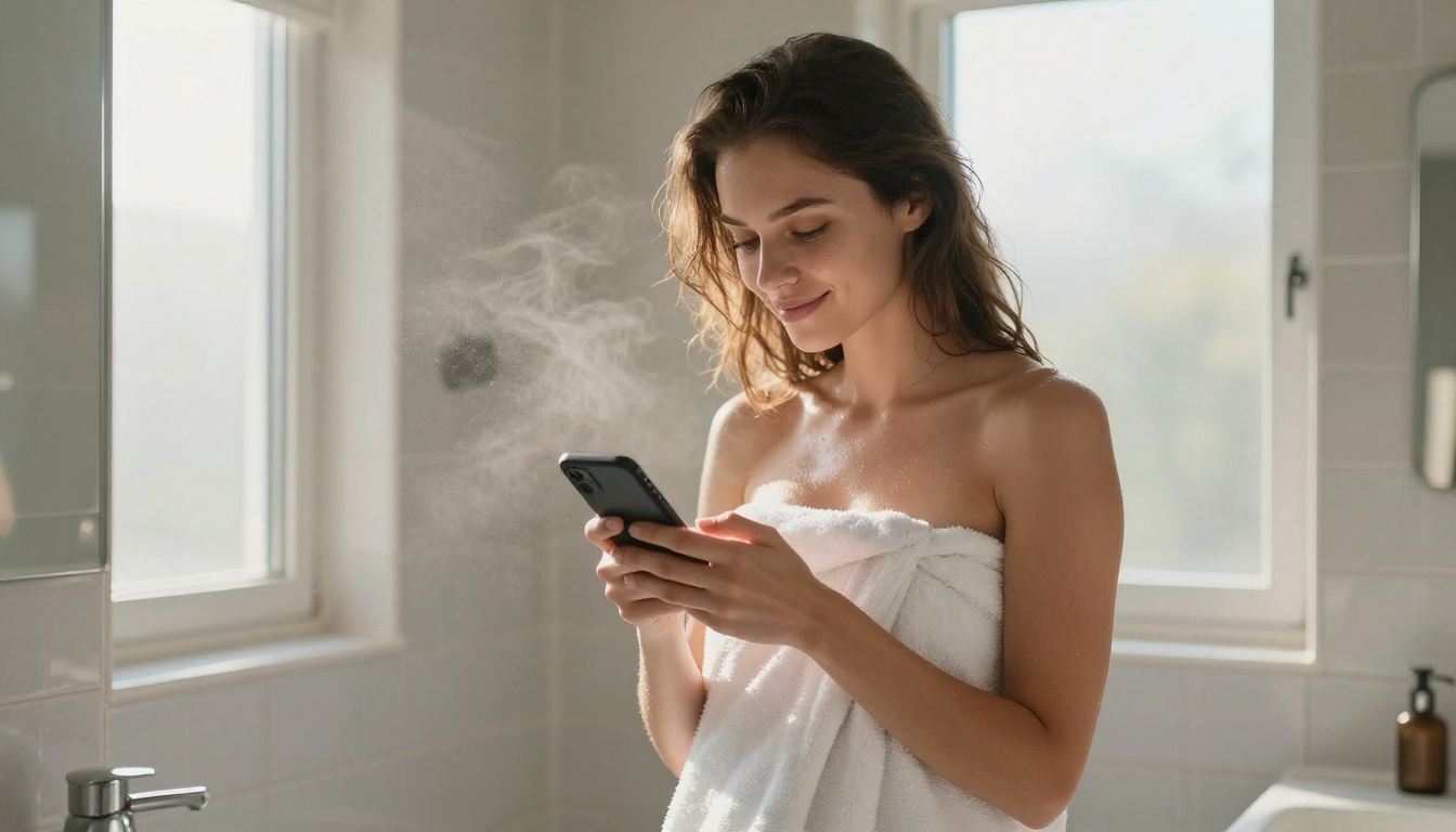Beautiful woman in bathroom after shower examining phone with morning light and steam