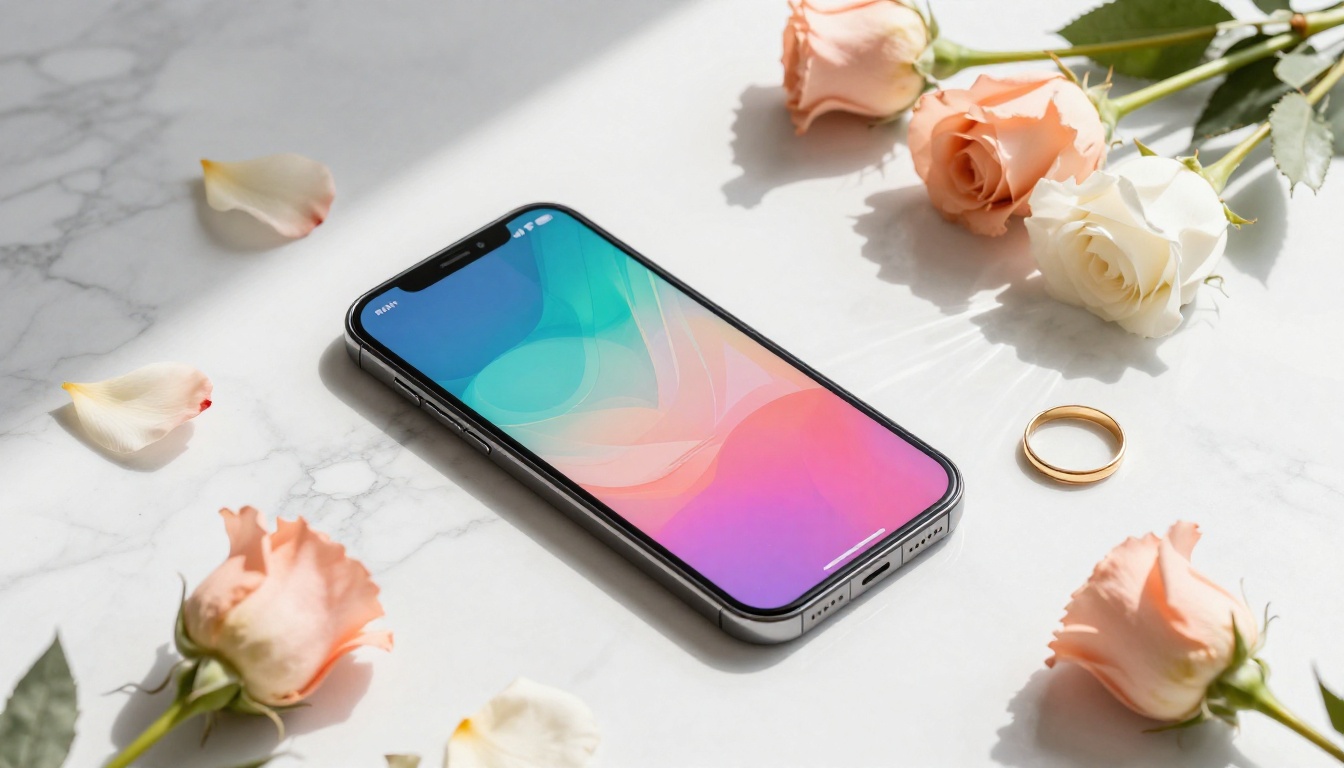 Aerial flat lay of smartphone on marble surface surrounded by wildflowers and perfume bottle