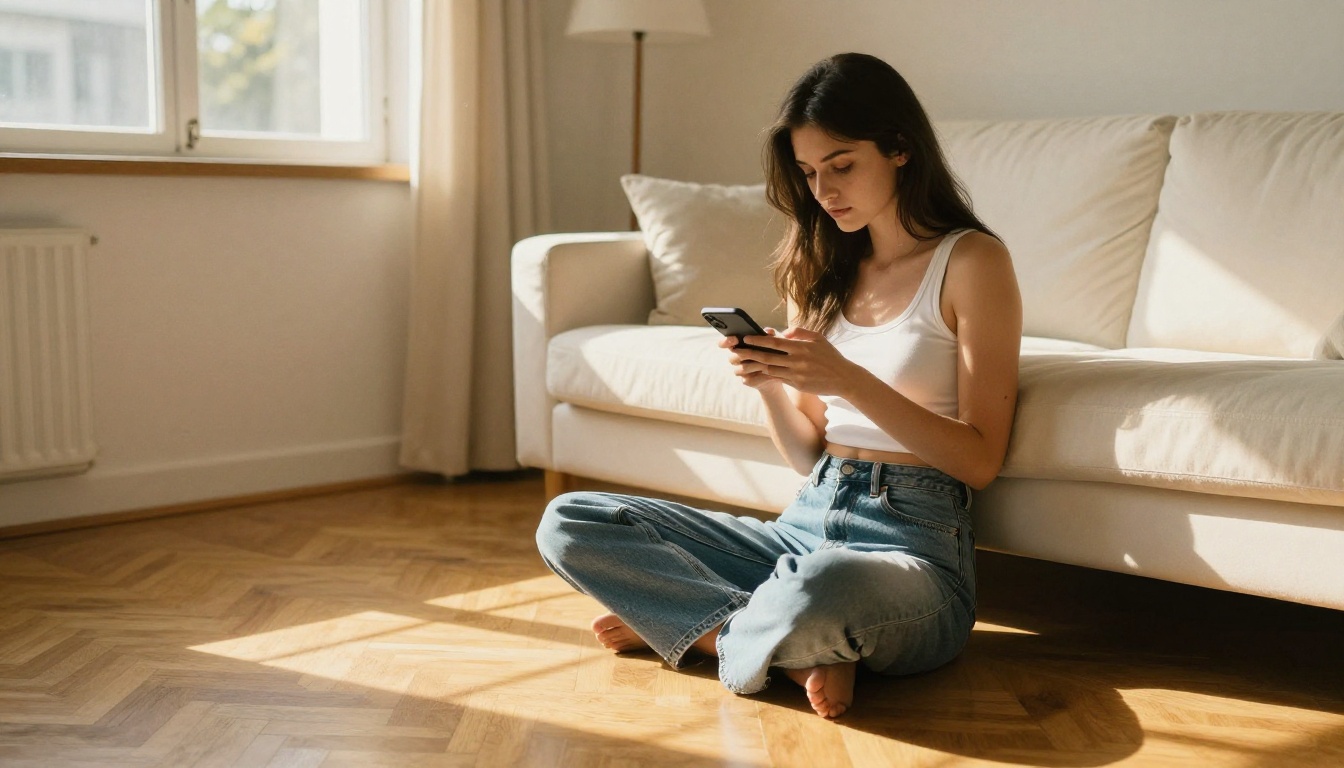 Woman cross-legged on apartment floor typing on phone in golden hour light