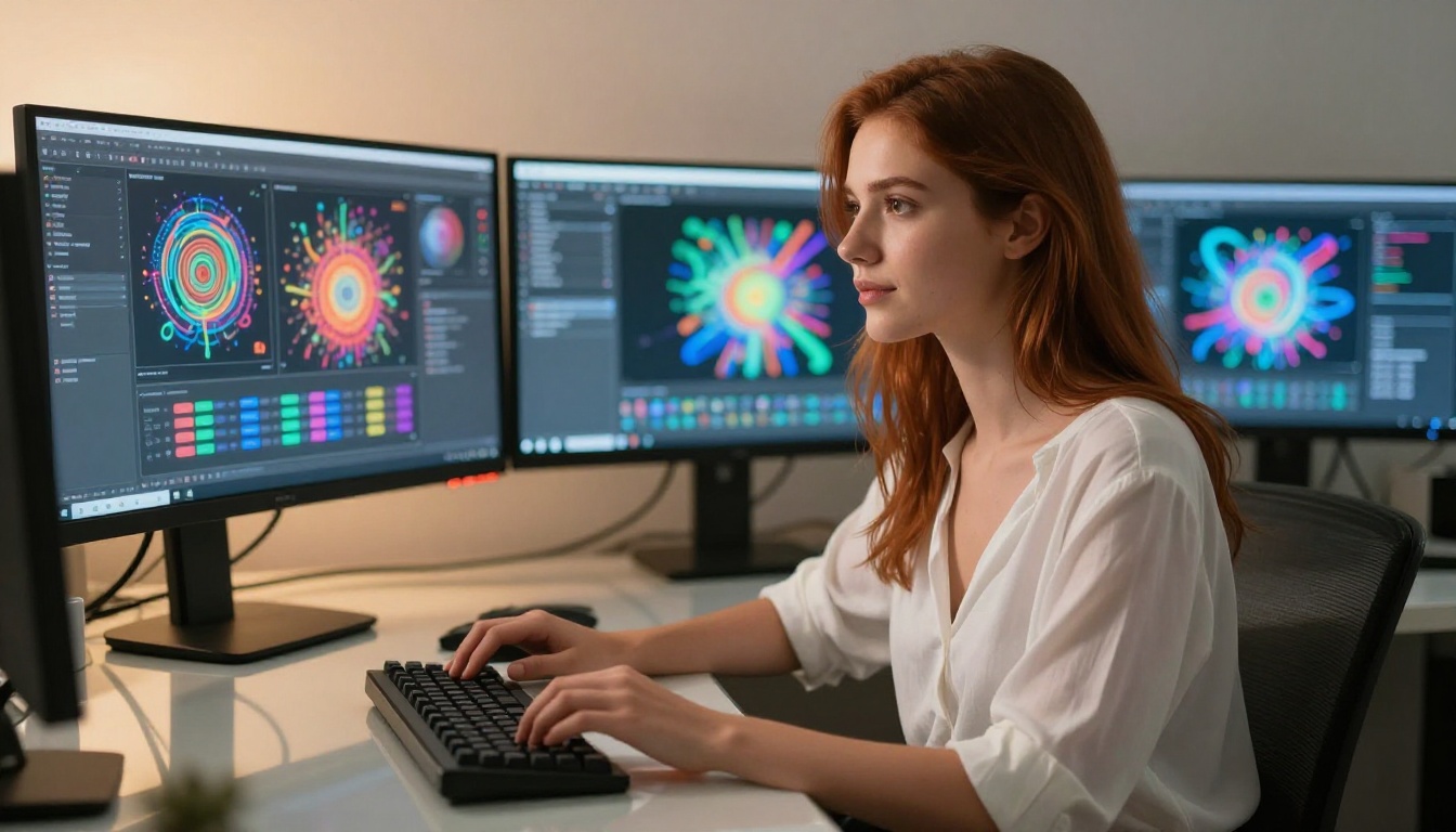 Woman at AI art creation workstation with multiple monitors