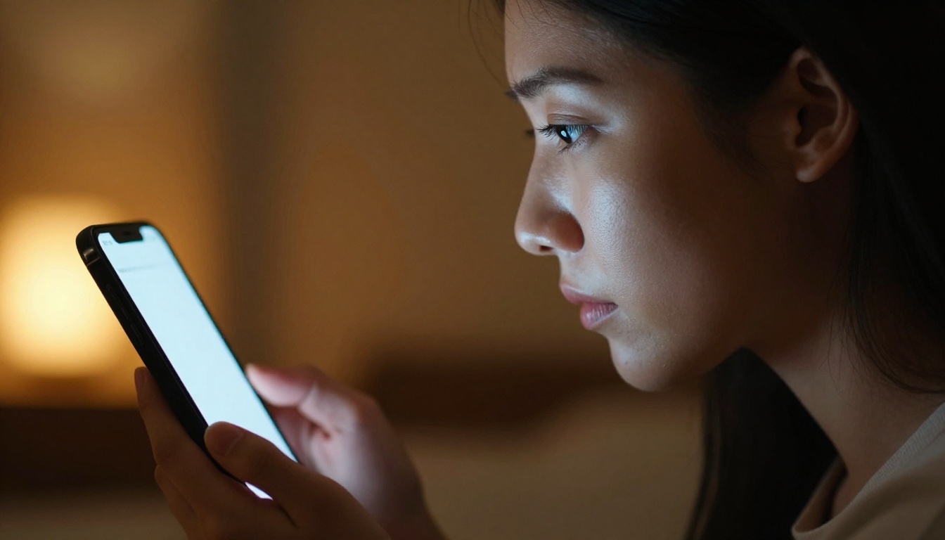 Side profile close-up of woman's face illuminated by phone screen glow in a dim room
