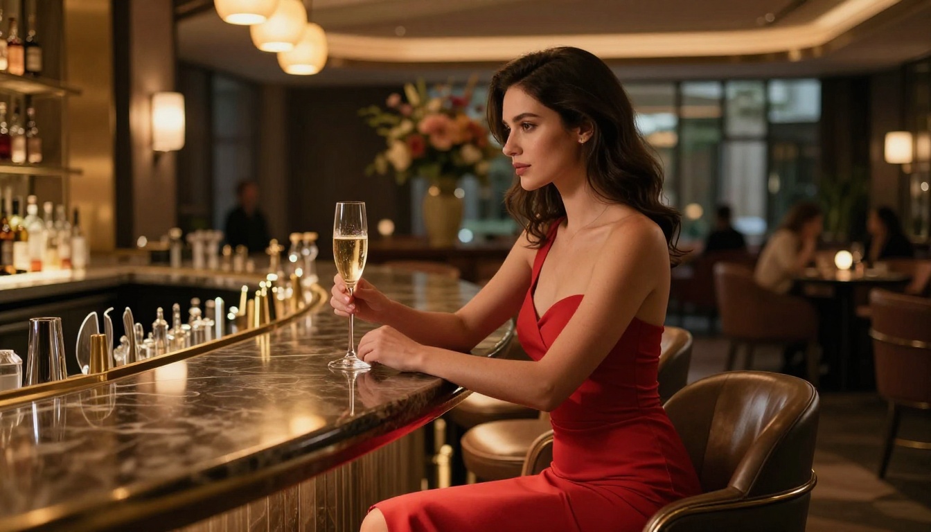 Woman in elegant evening dress at luxury hotel bar, cinematic atmosphere