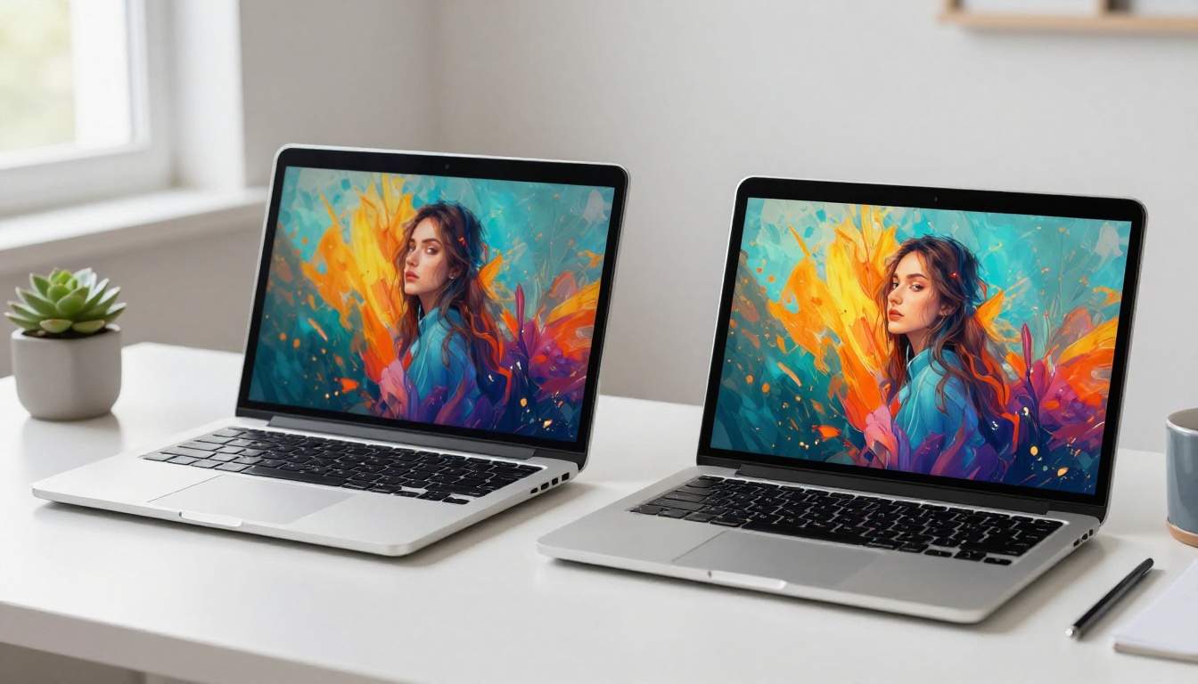 Laptop and smartphone side by side on desk both displaying the same AI portrait image