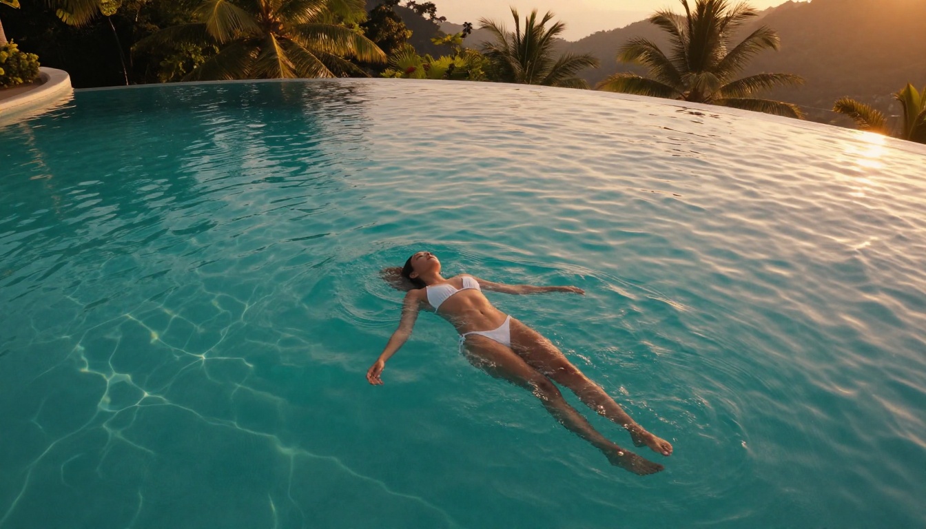 Aerial pool shot demonstrating photorealistic water and skin rendering