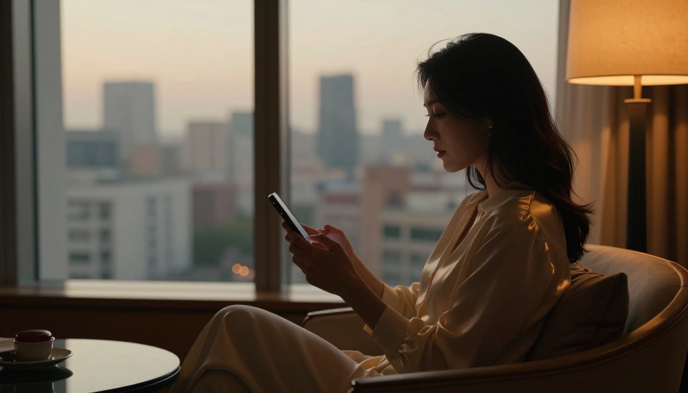 Elegant woman in luxury hotel room by panoramic window with warm amber lamp light