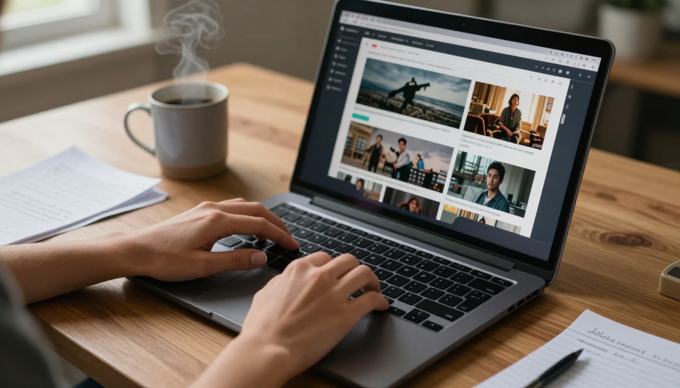 Woman's hands on laptop keyboard with AI video generation interface visible