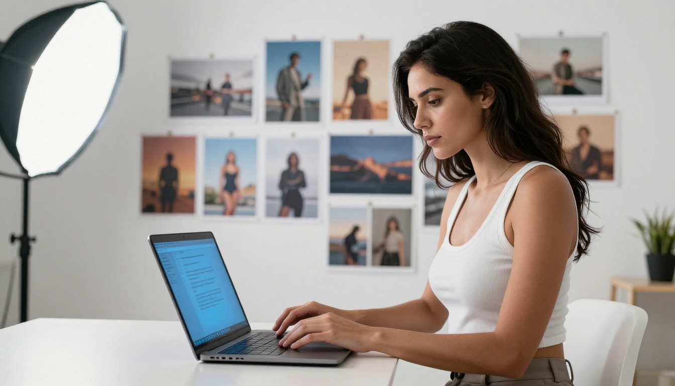 Woman typing prompt at laptop with AI art moodboard in background
