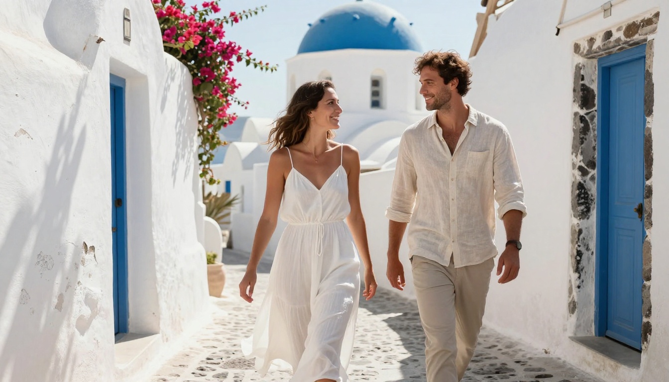 Couple walking through scenic Santorini alley representing the cinematic quality of AI video generation Couple walking through scenic Santorini alley representing the cinematic quality of AI video generation
