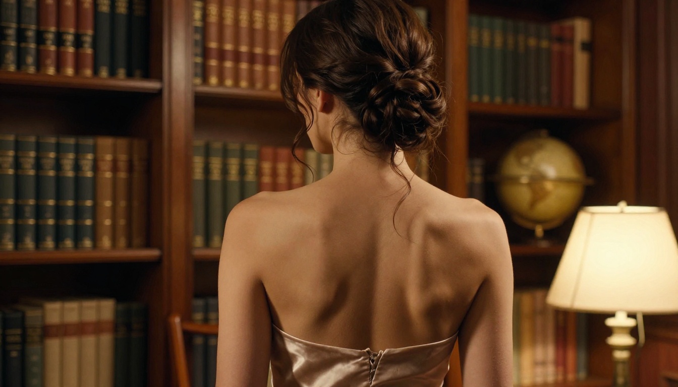 Artistic back-view portrait in private library, warm ambient lighting