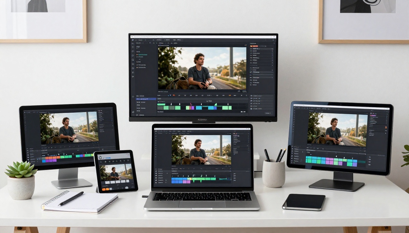Multiple AI platform screens in modern studio workspace, technology comparison